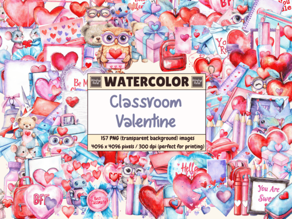 Download Classroom Valentine Watercolor Clipart - Premium Bundle